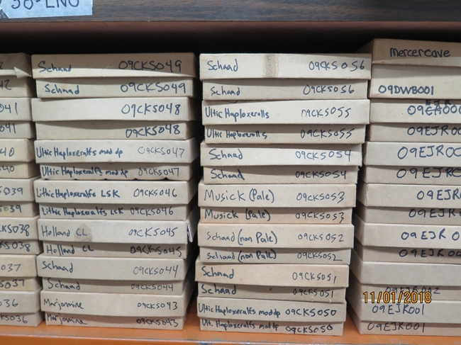 Boxes of soils with labels of their soil series names.