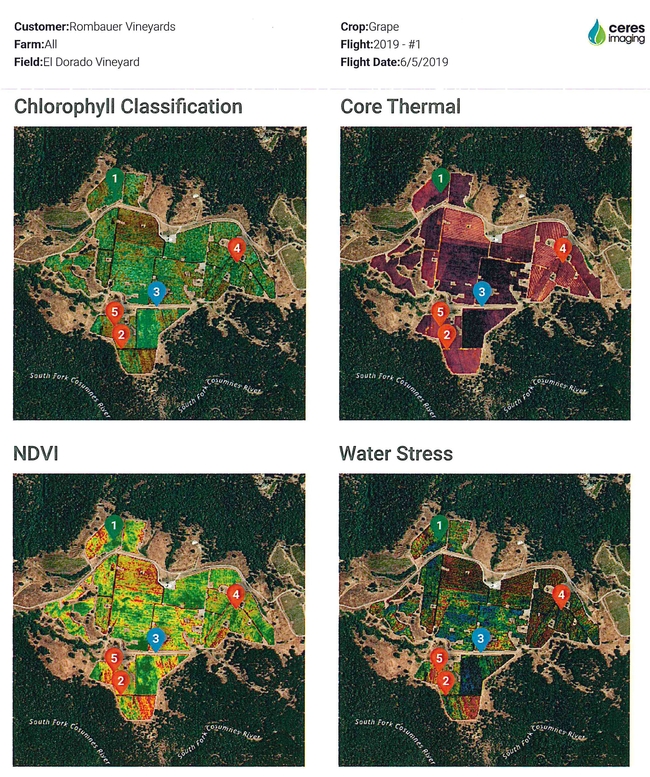 A photo of 4 maps acquired by remote sensing of the vineyard-colors indicate things like water stress or heat.