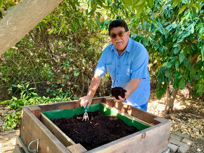 Master Gardener Tony Carrasco manages the worm composting bin at the Garden of the Sun. (Photo: Jeannette Warnert)