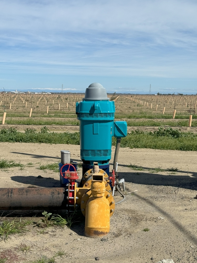 A blue and yellow well pump is shown at the edge of a field of saplings.