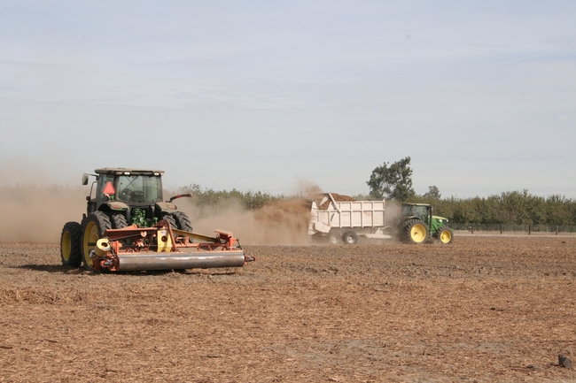 The modified manure spreader in the background spreads wood chips, while the roto tiller mixes wood chips into the ground.