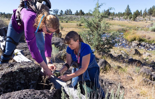 Laura Snell, left, and USFS rangeland management specialist Jenny Jayo mount a wildlife monitoring camera at Bottle Springs, a water source in Modoc National Forest. (Photo: Will Sukow)
