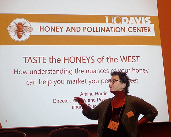 Amina Harris, director of the UC Davis Honey and Pollination Center, speaks Sept. 6 at the Western Apicultural Society's 40th annual conference, held at UC Davis. (Photo by Kathy Keatley Garvey)