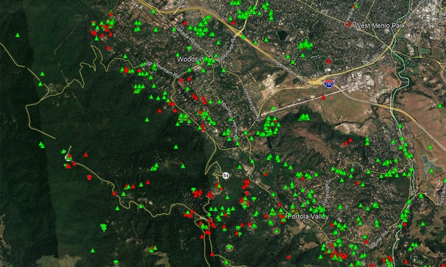 Google map shows results of the SOD blitzes available online at sodblitz.organd SODMAP.org. Green icons identify trees sampled that tested negative for SOD. Red icons were SOD-infected trees.