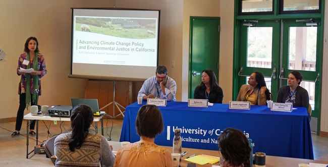 Panels speak about advancing equitable climate change policy. Left to right, UCCE public policy specialist Clare Gupta, Federico Castillo of the UC Berkeley Department of Environmental Science, Policy and Management, Sylvia Chi of the Asian Pacific Environmental Network, Ruth Dahlquist-Willard of UC Cooperative Extension in Fresno County, and Janaki Jagannath of the Community Alliance for Agroecology.