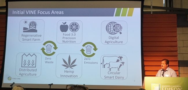 Gabe Youtsey, lower right, chief innovation officer for UC Agriculture and Natural Resources, shares the scope the VINE (thevine.io), UC ANR's innovation center, at Open Farm 2019.