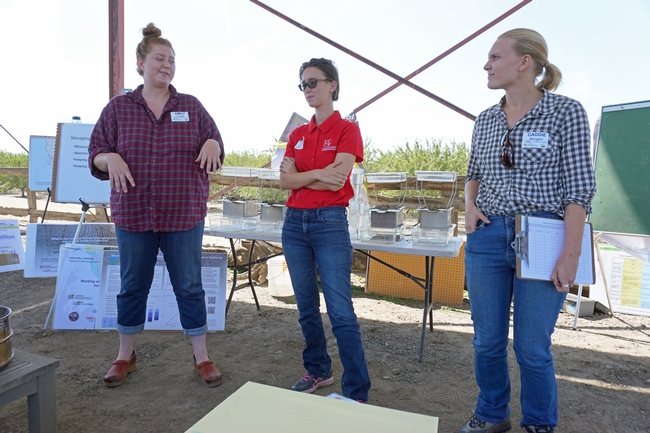 UCCE climate-smart educators, left to right, Emily Lovell, Shulamit Shroder and Caddi Bergren presented information about CDFA's climate-smart incentive programs at a field meeting.