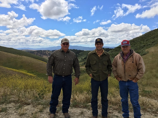 From left, UC Cooperative Extension natural resource and watershed advisor Royce Larsen and Shapero visit Santa Barbara County rancher Jerry Williams. UCCE research provides benefits for ranchers and the general public, Shapero says..