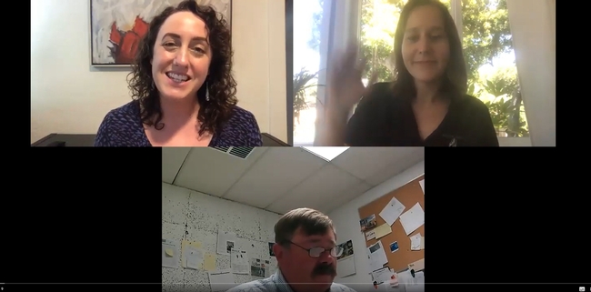 A screen shot from an episode of Soil Health Connection on YouTube. Sarah Light, upper left, and Liz Harper interview Tom Johnson, an agronomist at Kamprath Seed.