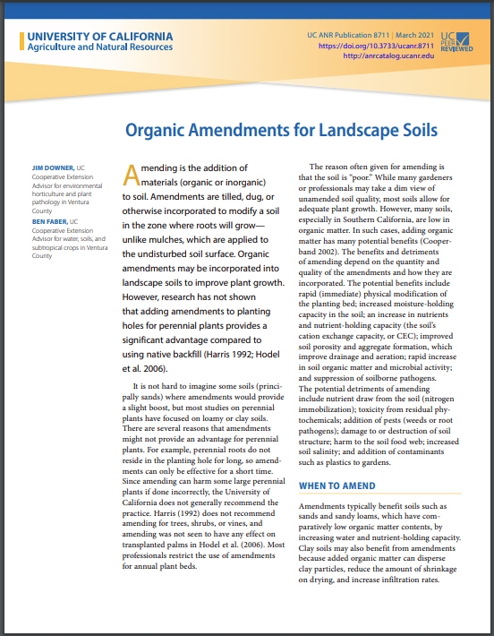 A new publication from UC ANR on organic amendments in landscapes is now available for free download from the UC ANR catalog, anrcatalog.ucanr.edu.