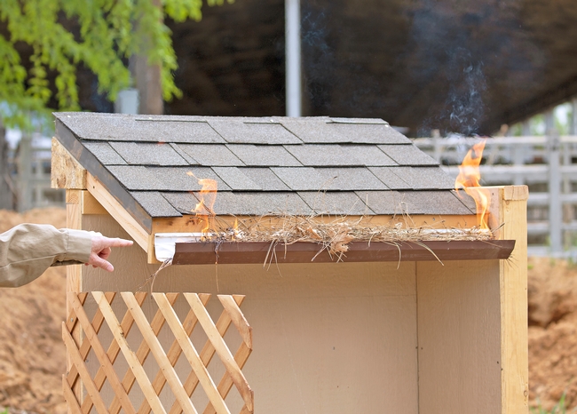Clearing leaves and pine needles from gutters reduces materials that embers can ignite.