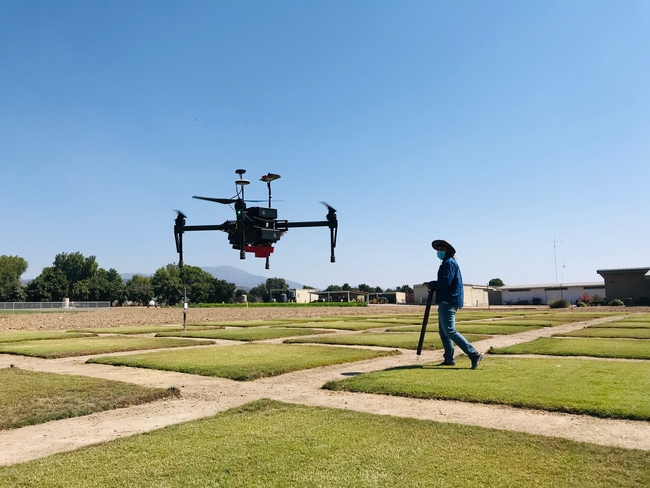 UCRWATER's former PhD student, Amninder Singh, is collecting drone and soil moisture data to evaluate the response of hybrid bermudagrass to different irrigation levels using recycled water and a soil moisture sensor-based smart irrigation controller.