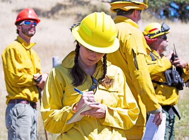 Young woman takes notes at a prescribed burn
