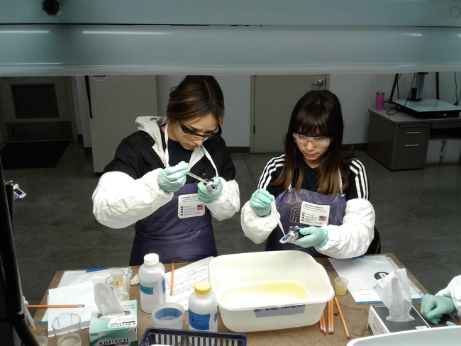 Two FARMS students check the sugar content of oranges.
