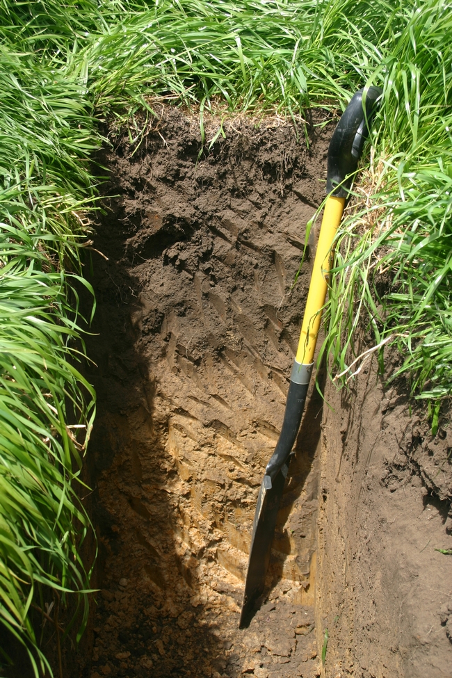 A cutaway shows soil quality in a farm field.