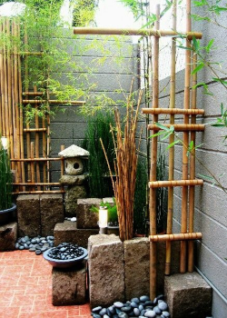 Zen Garden with Bamboo, Stone, and Greenery