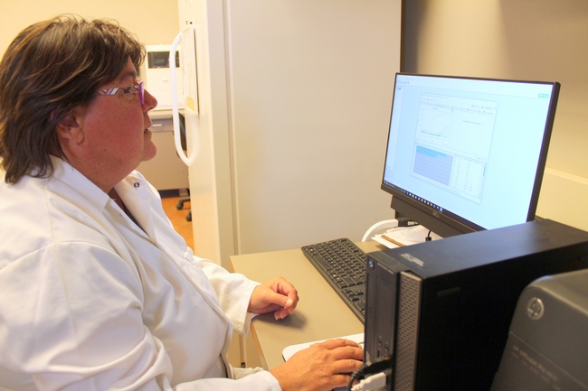 Therese Kapaun performs RT-qPCR on CTV samples in the Lindcove Plant Pathology Lab.