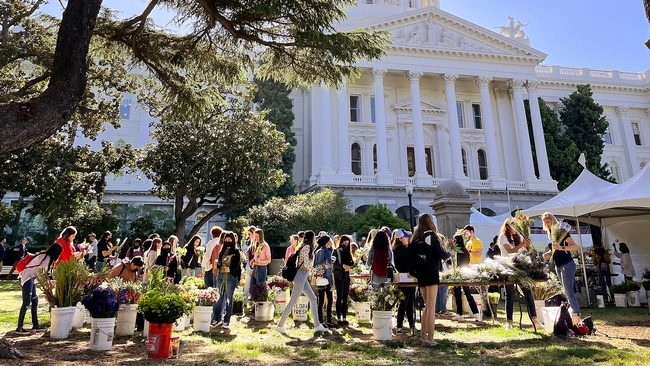 Agriculture event with people and booths in front of the Sacramento state capital.
