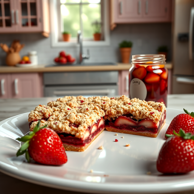 plat with strawberries and jam bar cookies with a mason jar of strawberry jam