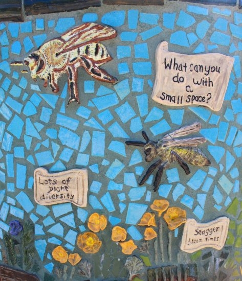 A section of tile mosaic from the Haagen Dazs Honey Bee Haven in Davis, showing two native bees (KATHY IKEDA/COURTESY PHOTO)