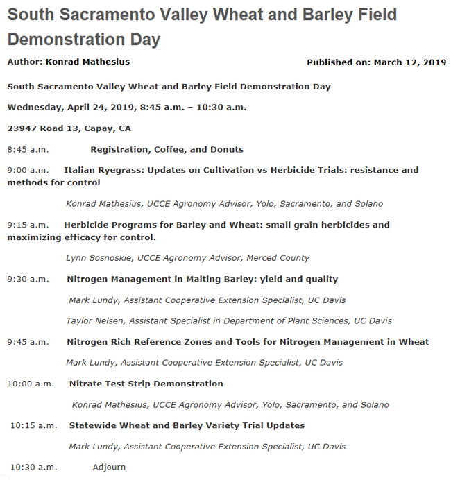 Sout Sacramento Valley Wheat and Barley Demonstration Day