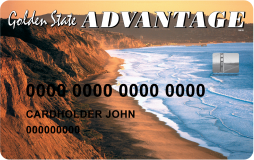 Credit card that says Golden state advantage and has a picture of the California coastline with a Cardholder John and number on it.