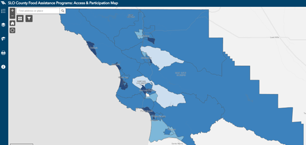 Screenshot of a map of SLO county with dark to light blue census tracts based on income