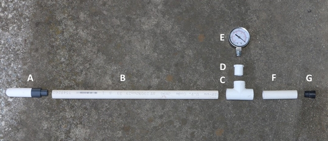 Fig. 2. Components needed to build a tensiometer: a. ceramic cup, b. and f. ½ inch PVC pipe for shafts, c. PVC “T”, d. ½” male slip x ¼ “ female thread bushing, e. vacuum gauge, and g. rubber stopper.