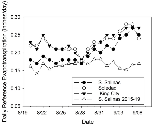 Figure 8.  Daily reference evapotranspiration recorded at the South Salinas, Soledad, and King City CIMIS weatherstations from August 20 – September 6.  Average daily reference ET for the same period during years 2015-2019 for South Salinas are also shown.