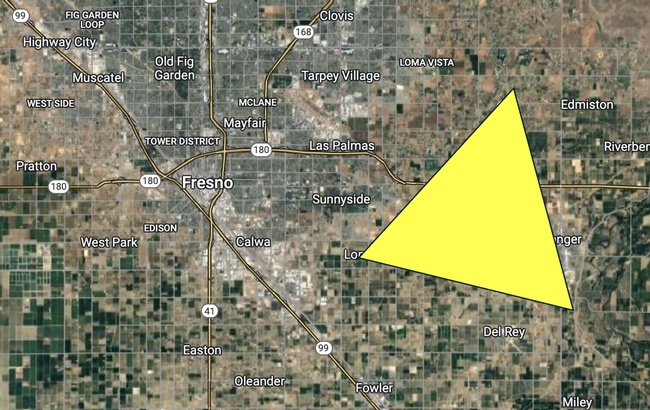 A map of Fresno and the surrounding area. There is a yellow triangle indicating where the insect has been found.