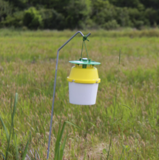 A white bucket with a yellow lid in a rice field.