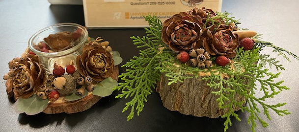 Decorations on top of mini tree stumps.