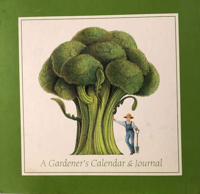 Garden journal with a photo of a man standing with a large broccoli plant.