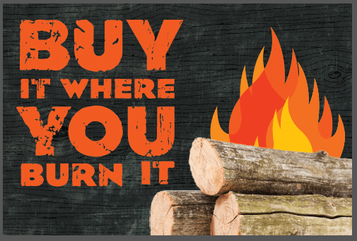 Slogan accompanied by logs of firewood and flames.