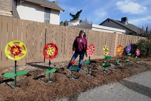 Rhonda with hubcap flowers