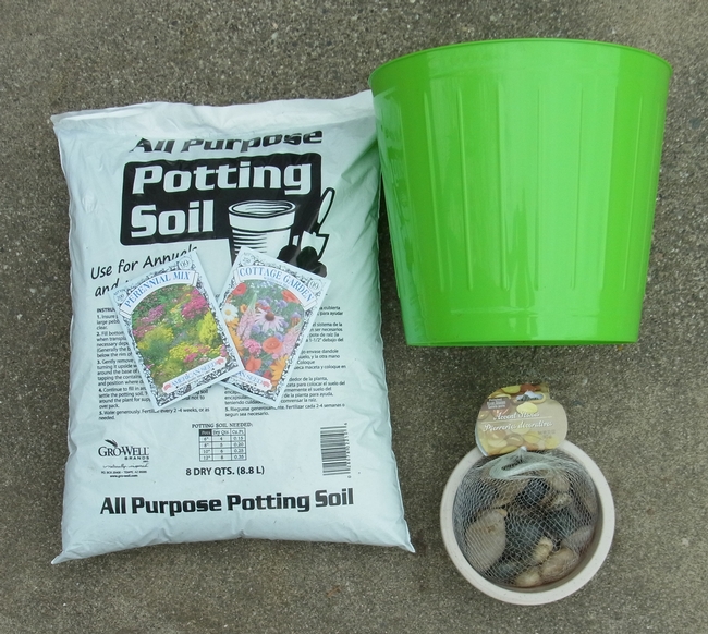 Pot, soil, seeds needed to plant a container bee garden