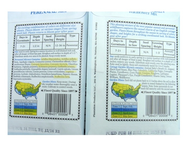 Back of the seed packets where the species of plants in the seed mixes are shown