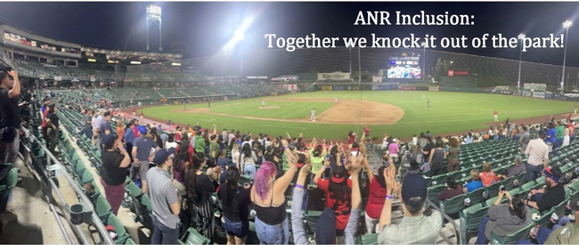 Photo of ANR at the Grizzlies Baseball Game Cheering. Tagline at top says ANR Inclusion: Together we knock it out of the park!