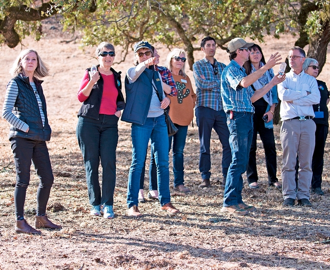 John Gorman, fourth from right, pointed out where the Kincade Fire burned Stuhlumller Vineyards property, forcing him to sell the cattle and take a total loss on the smoke-damaged wine grapes.