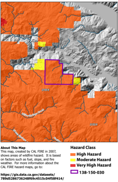 Example map from the Wildfire Fuel Mapper map report depicting CAL FIRE Fire Hazard levels