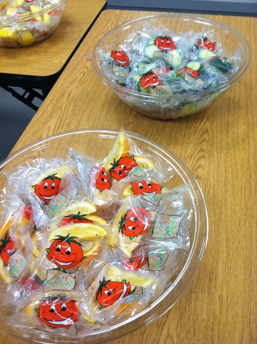 Parents got to taste the fruit and vegetable snacks their children get