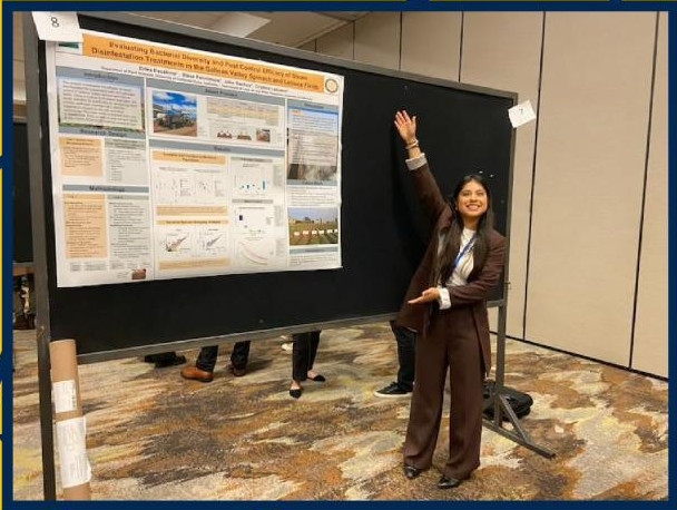 Master's student Erika Escalona shows off her first-place poster presentation during the 2024 California Plant and Soil Conference, hosted by UC ANR in Fresno, Calif., recently.