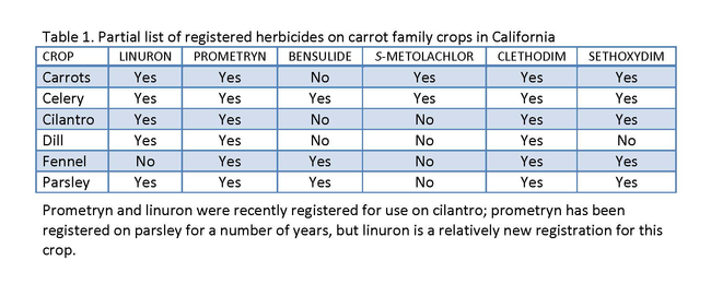 Table 1. Partial list of registered herbicides on carrot family crops in California