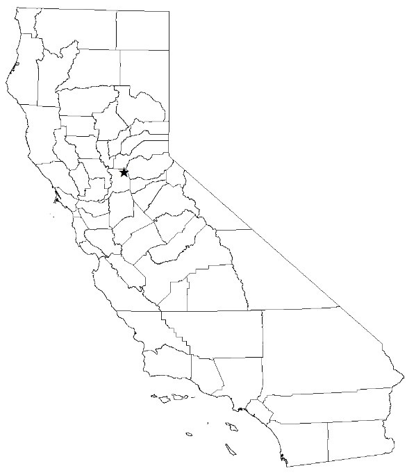 Map of California showing location of the Folsom, CA site where the water hyacinth planthopper is established