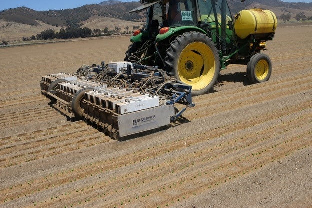 Figure 1. A three 80-inch bed wide automated thinner (note the rectangular treated areas where the unwanted plants are removed interspersed with unsprayed areas for the keeper plants)