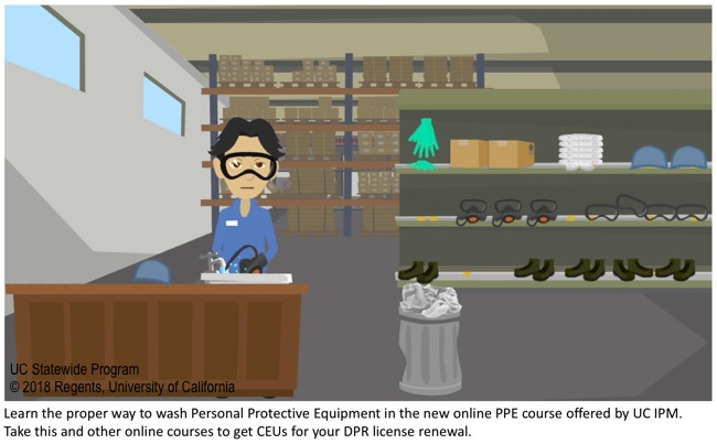 Screen shot from UC IPM online PPE course, washing personal protective equipment.
