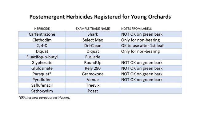 Postemergent herbicides registered for young orchards