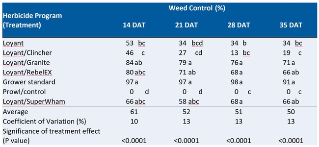 Table 1. Percent weed control, expressed as percent of the plot area, was estimated on 7-day intervals from 14 days after treatment (DAT) to 35 DAT. An untreated area of the field had approximately 1-4 sedges per square foot.