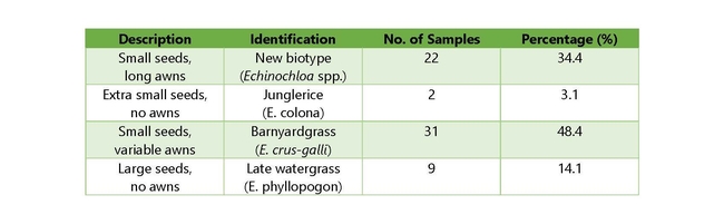 Table 1. Watergrass (Echinochloa spp.) samples were collected across the California rice-growing region in 2020. The samples were sorted by the seed description and preliminarily identified to species/biotype. No. = Number