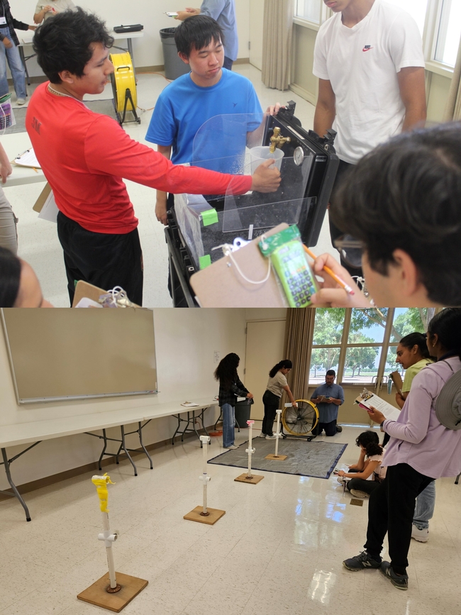 Students engaging in supervised hands-on activities: Nozzle flow rate measurement (top) and spray dispersion demo assisted by Daniel Cabrera (bottom)